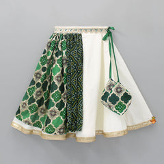 Pre Order: Bandhani Printed Dual Tone Flap Top And Lehenga With Green Gota Lace Work Dupatta