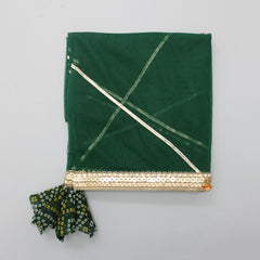 Pre Order: Bandhani Printed Dual Tone Flap Top And Lehenga With Green Gota Lace Work Dupatta