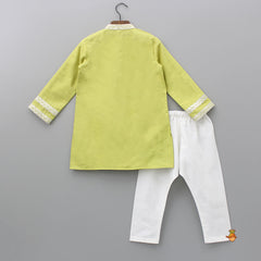 Pre Order: Mandarin Collar Lace Work Green Kurta And Pyjama