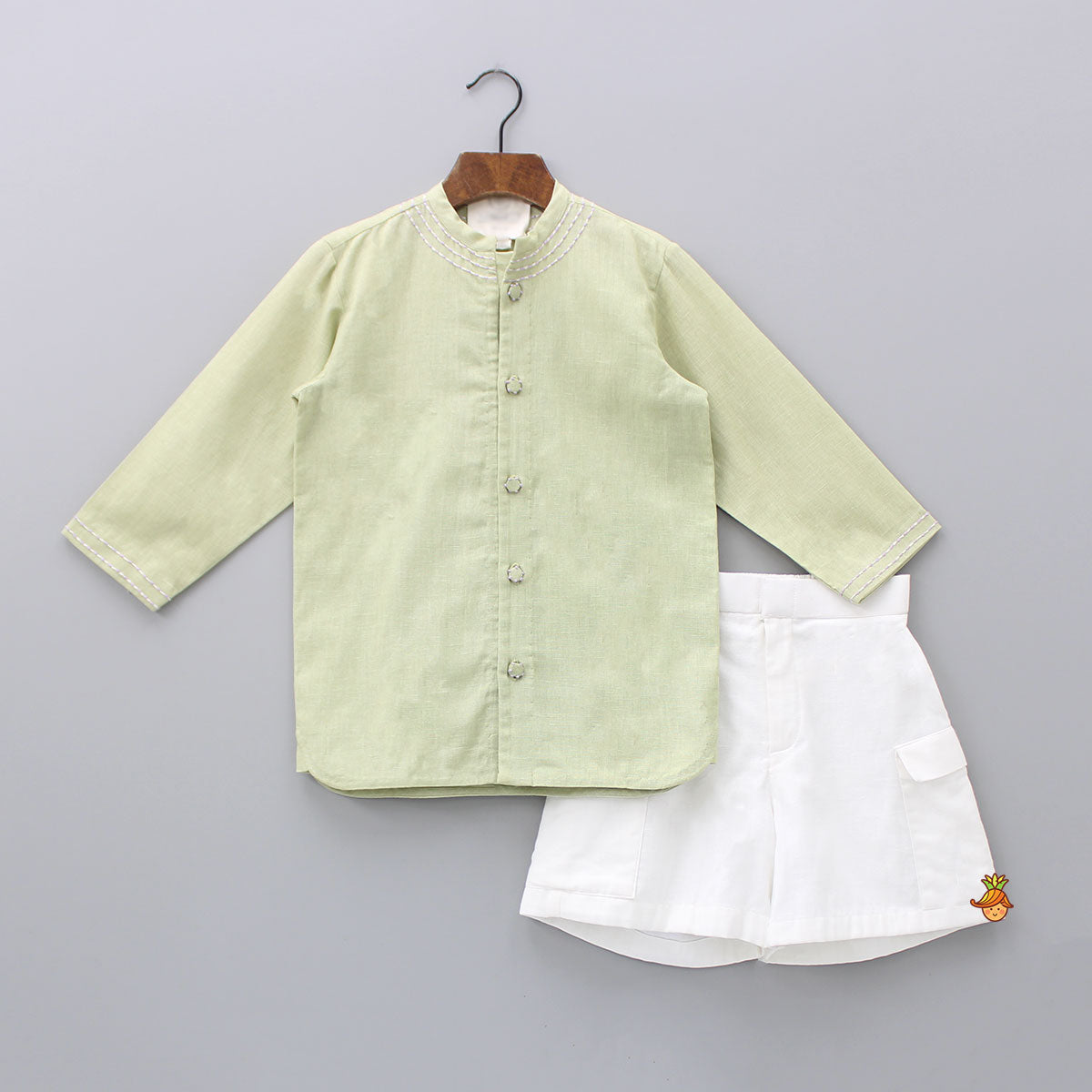 Pre Order: Front Open Green Shirt And Dual Patch Pockets Shorts