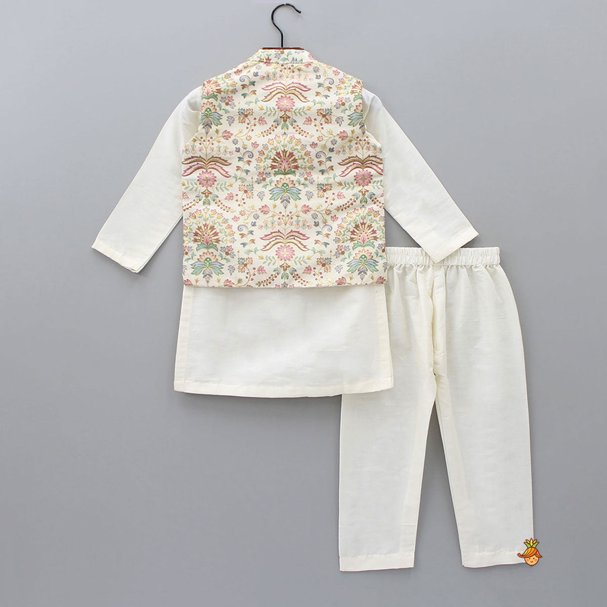 Floral Printed Thread Work Jacket With Off White Kurta And Pyjama