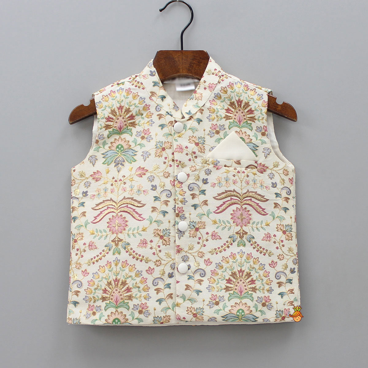 Floral Printed Thread Work Jacket With Off White Kurta And Pyjama