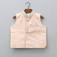 Pre Order: Elegant Peach Kurta And Embroidered Jacket With Off White Pyjama