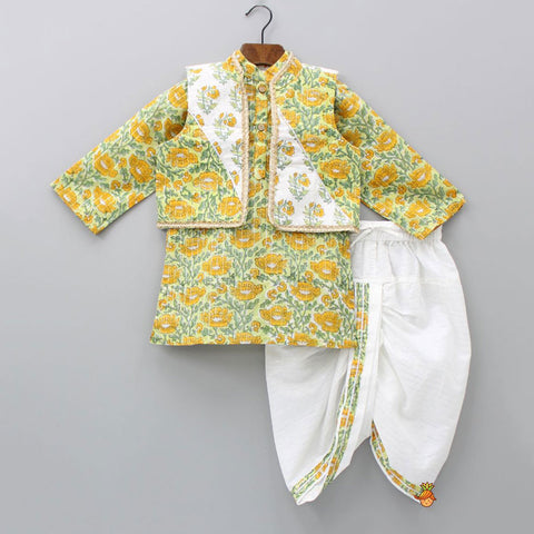 Multicolour Hand Block Printed Kurta With Lace Work Jacket And White Lurex Striped Dhoti