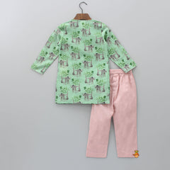 Round Neck Green Ethnic Kurta And Pink Pyjama