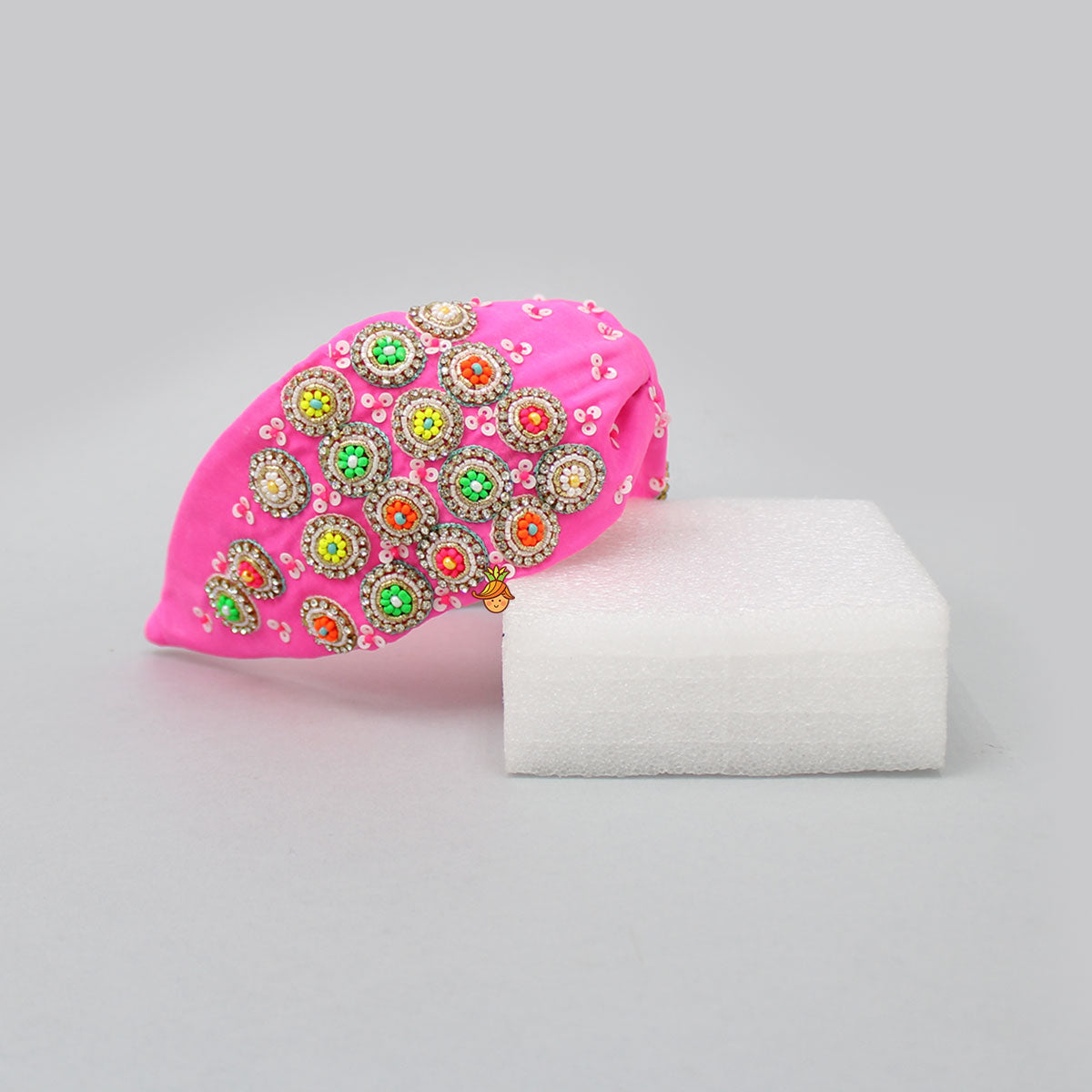 French Crepe Circle Embroidered Pink Hair Band