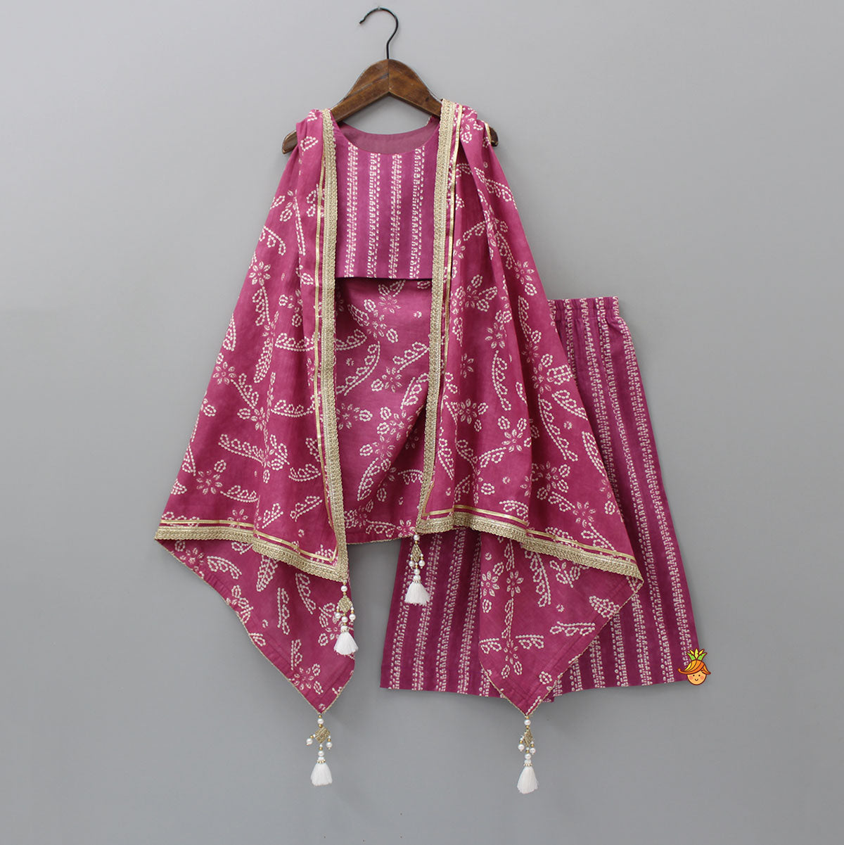 Pre Order: Pink Top With Hanging Fringes Tassels Enhanced Cape And Palazzo