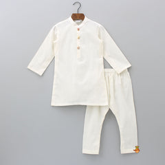 Pre Order: Elegant Off White Mandarin Collar Kurta With Thread Embroidered Open Jacket And Pyjama