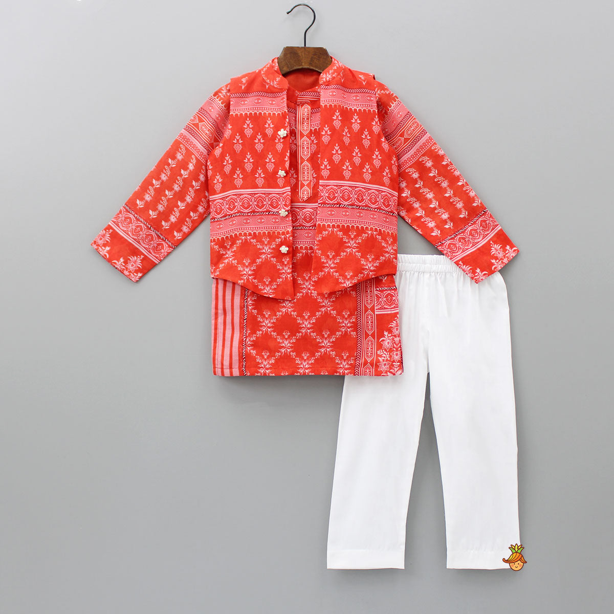 Pre Order: Mandarin Collar Printed Cotton Kurta With Floral Buttons Adorned Open Jacket And Pyjama