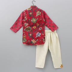 Pre Order: Patch Pocket Detail Red High Low Kurta And Pyjama