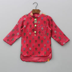 Pre Order: Patch Pocket Detail Red High Low Kurta And Pyjama