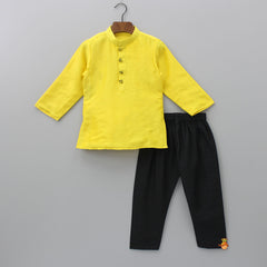 Pre Order: Mandarin Collar Yellow Kurta With Pocket Detail Embroidered Jacket And Pyjama