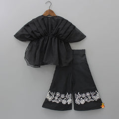 Pre Order: Stylish Pleated Black Top And Embroidered Palazzo With Detachable Belt