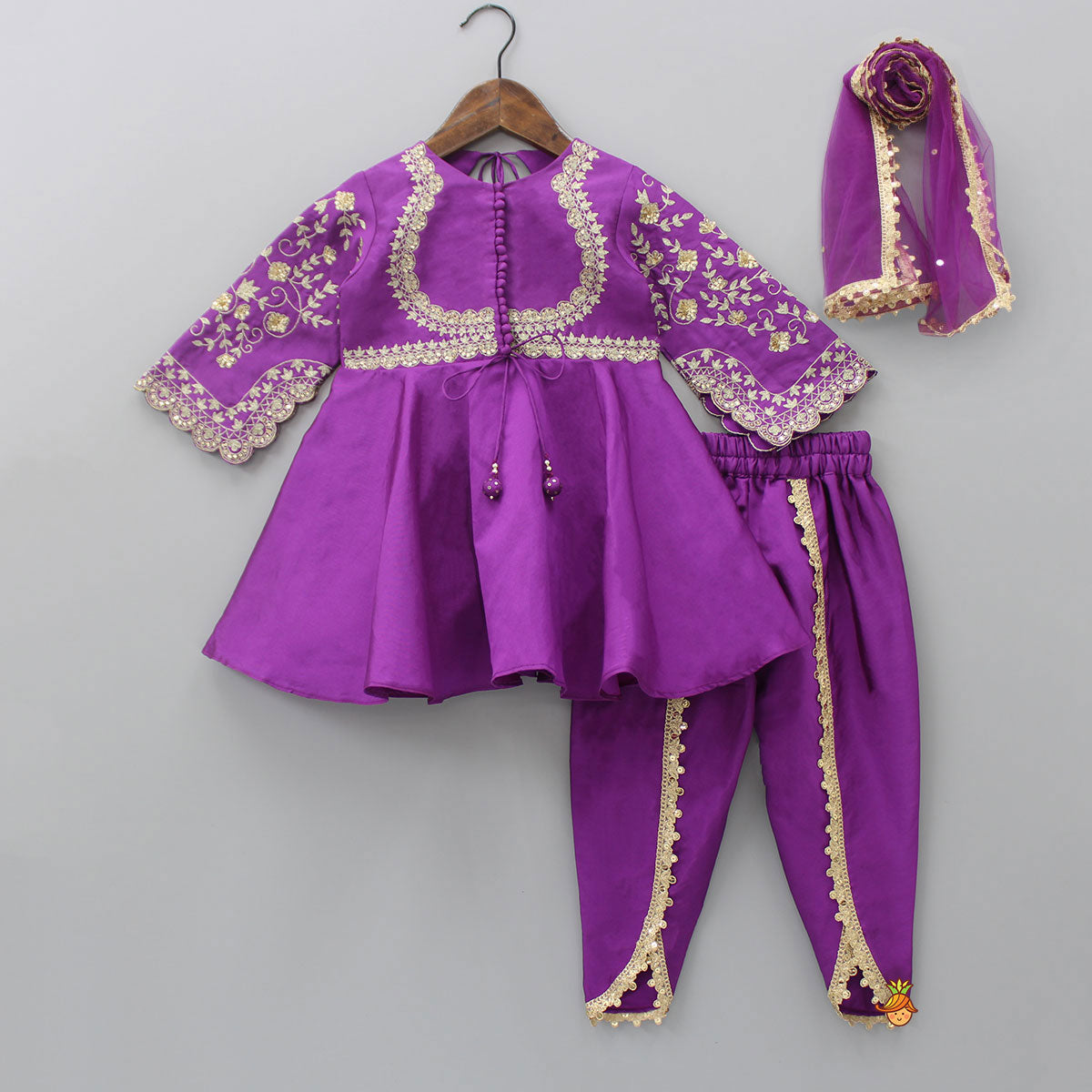 Pre Order: Potli Buttons Detail Front Open Purple Kurti And Dhoti With Net Dupatta
