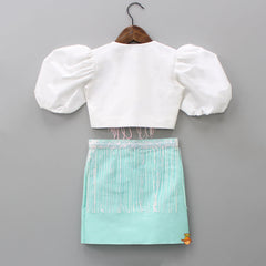 Pre Order: Volume Sleeves White Top And Sequins Hanging Skirt