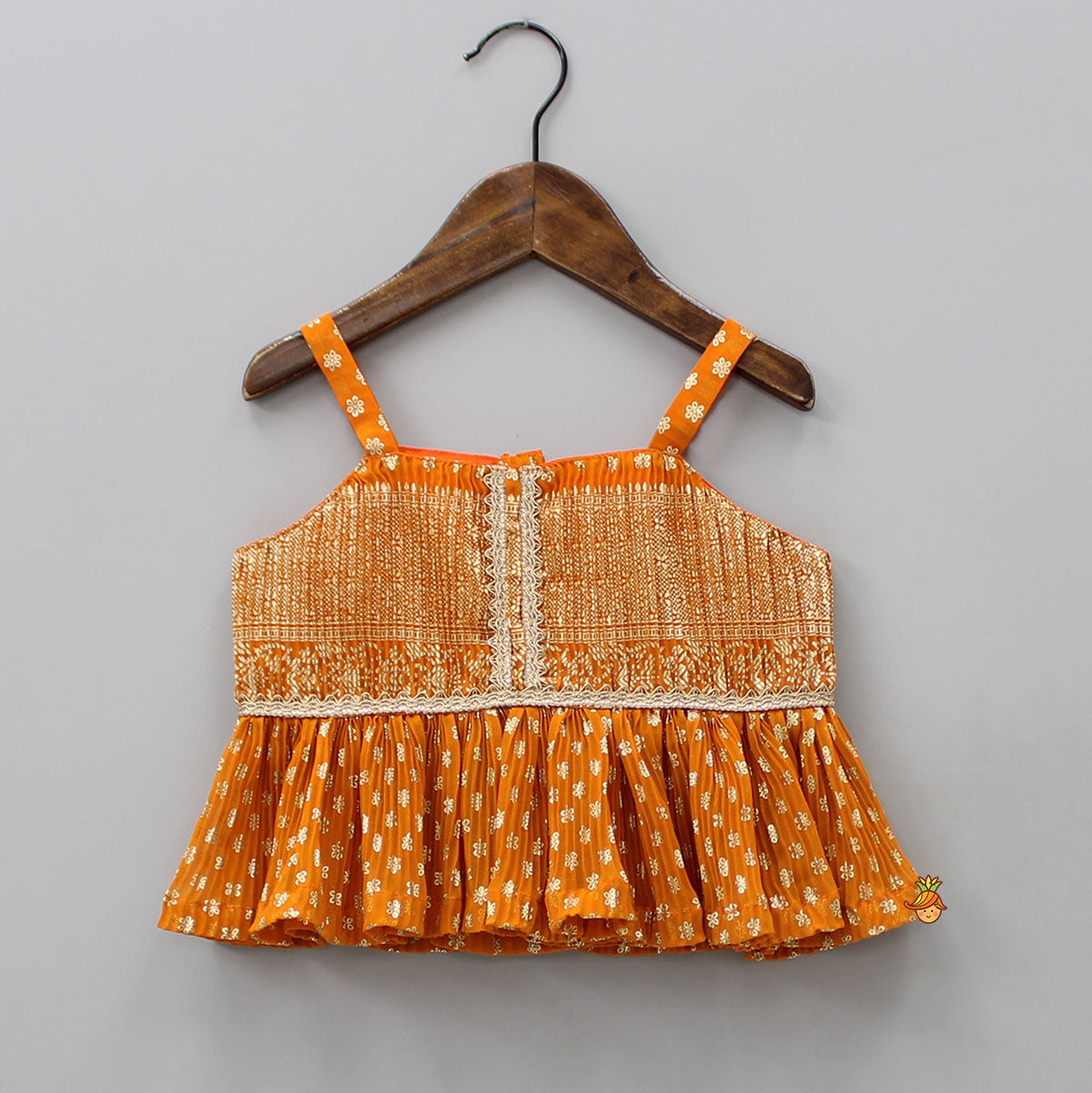Rust Orange Pleated Georgette Top And Lehenga With Hair Clip