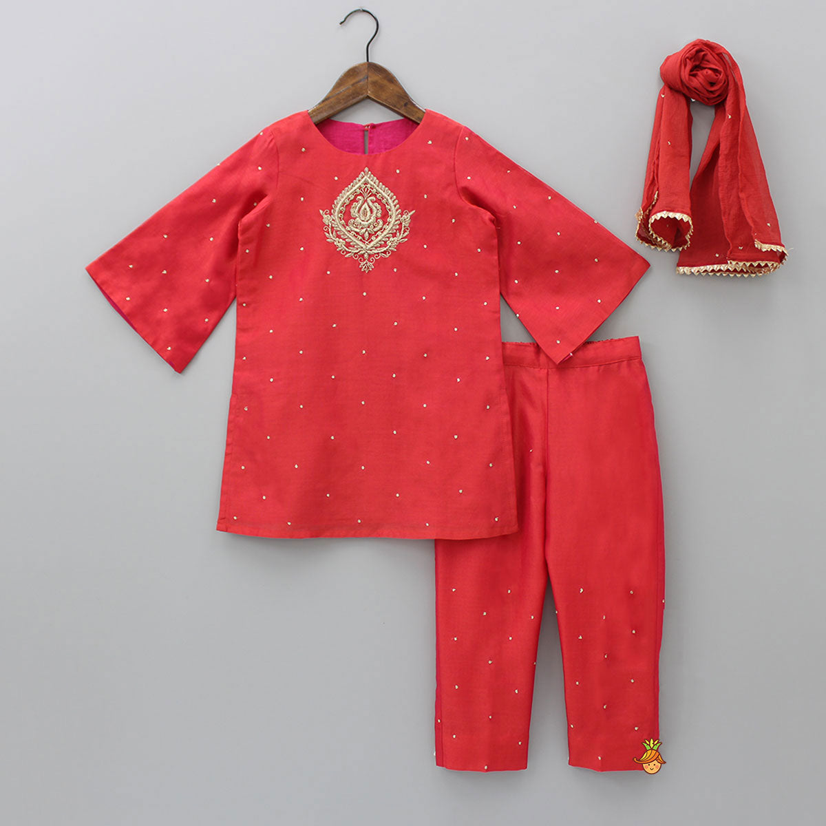 Beautiful Zari Embroidered Red Kurti With Pant And Dupatta