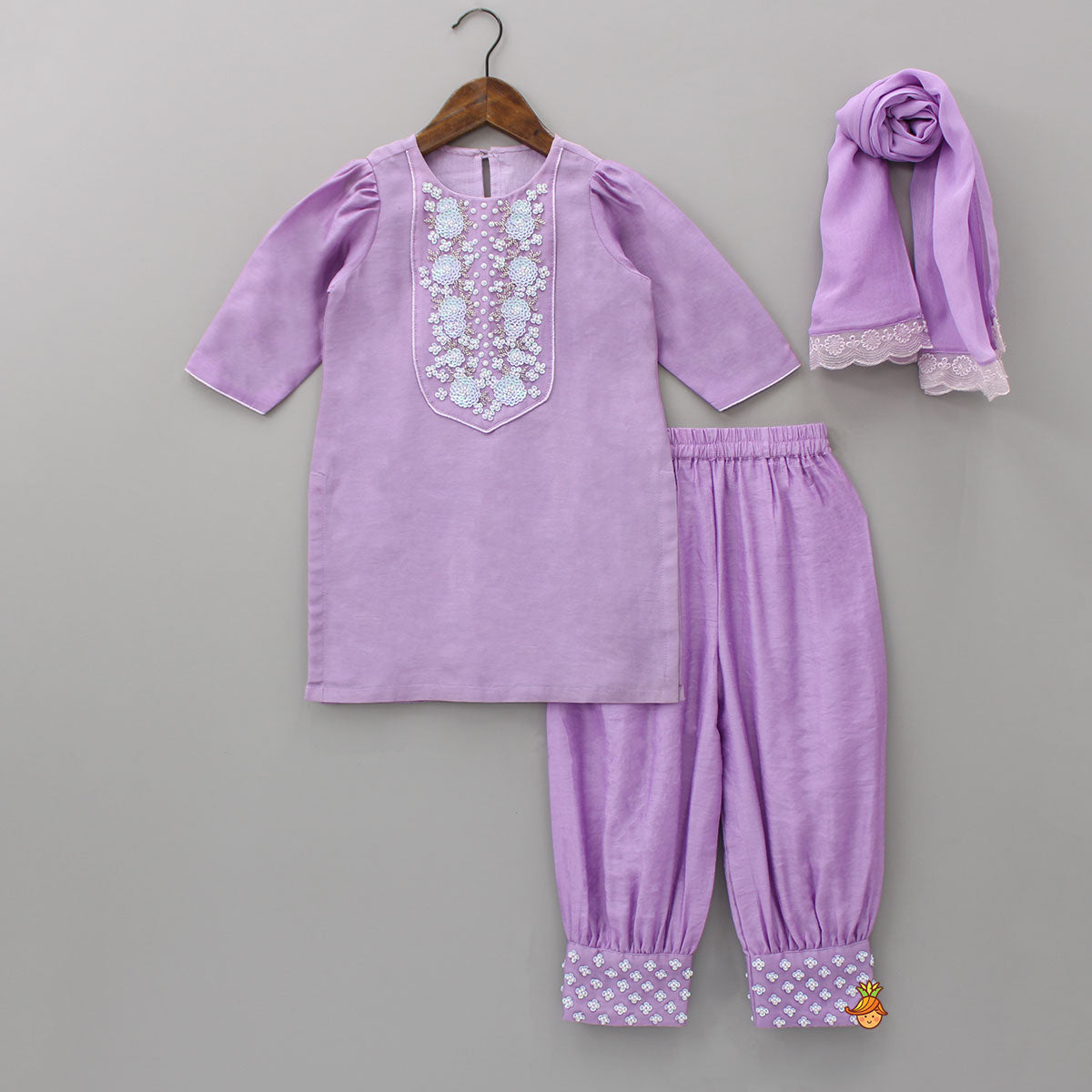 Pre Order: Sequins Embellished Lilac Kurti With Harem Pants And Net Dupatta
