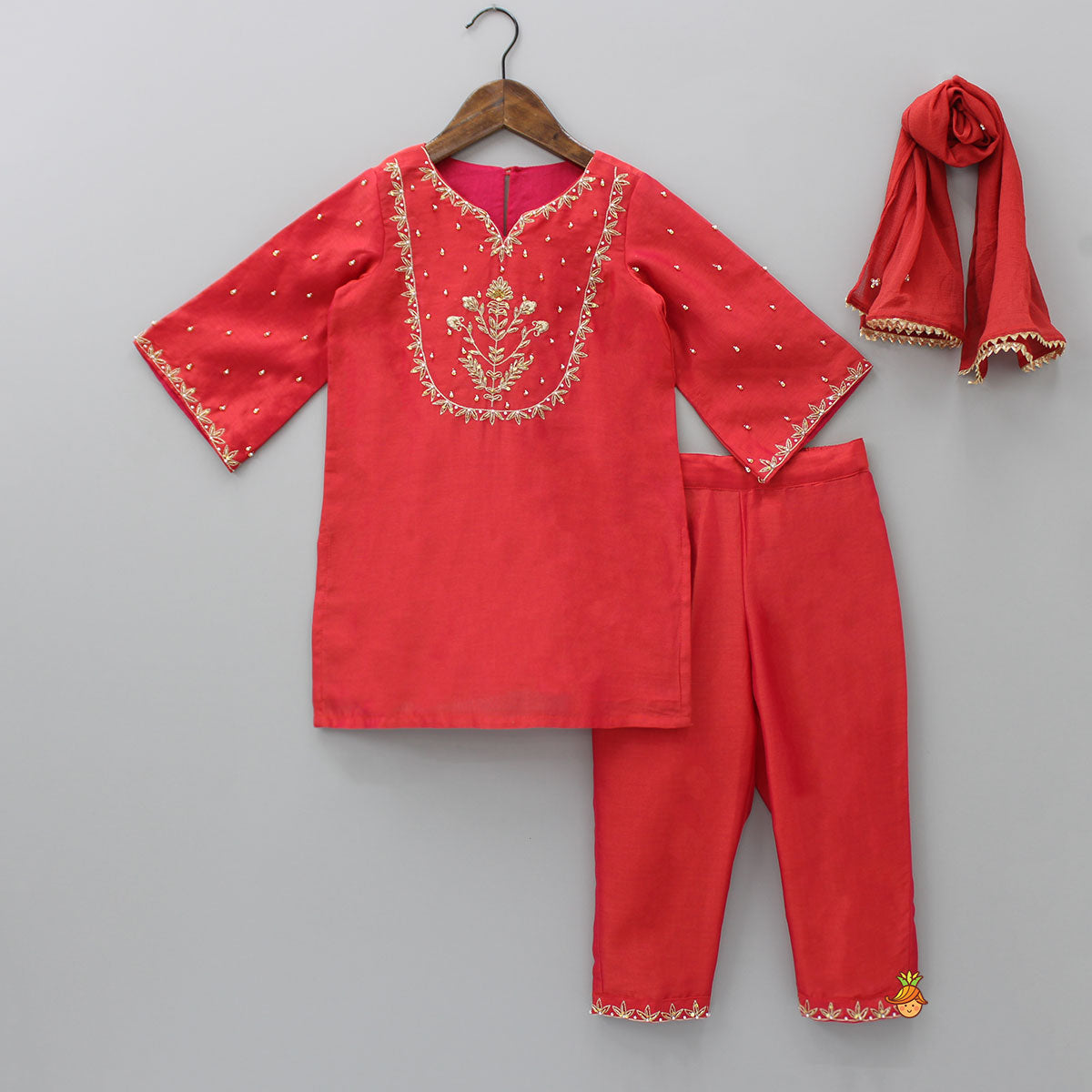 Pre Order: Yoke Embroidered Red Kurti With Pant And Dupatta