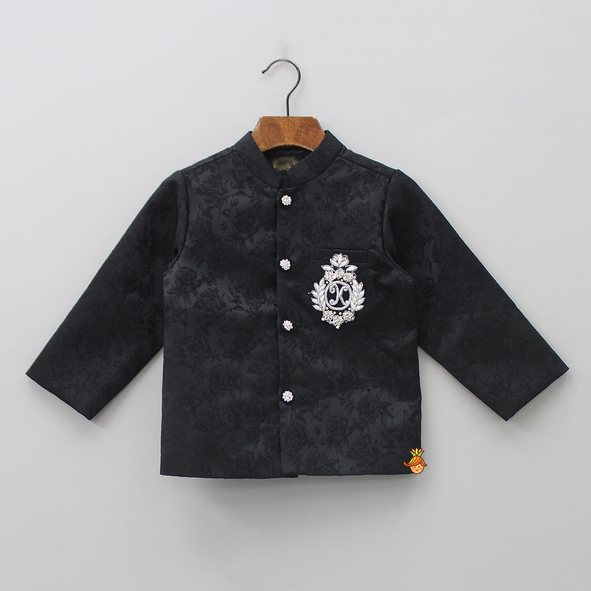 Pre Order: Floral Black Jacket With Zardozi Embroidered Patch