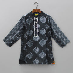 Pre Order: Leaf Printed Black Kurta And Grey Pyjama