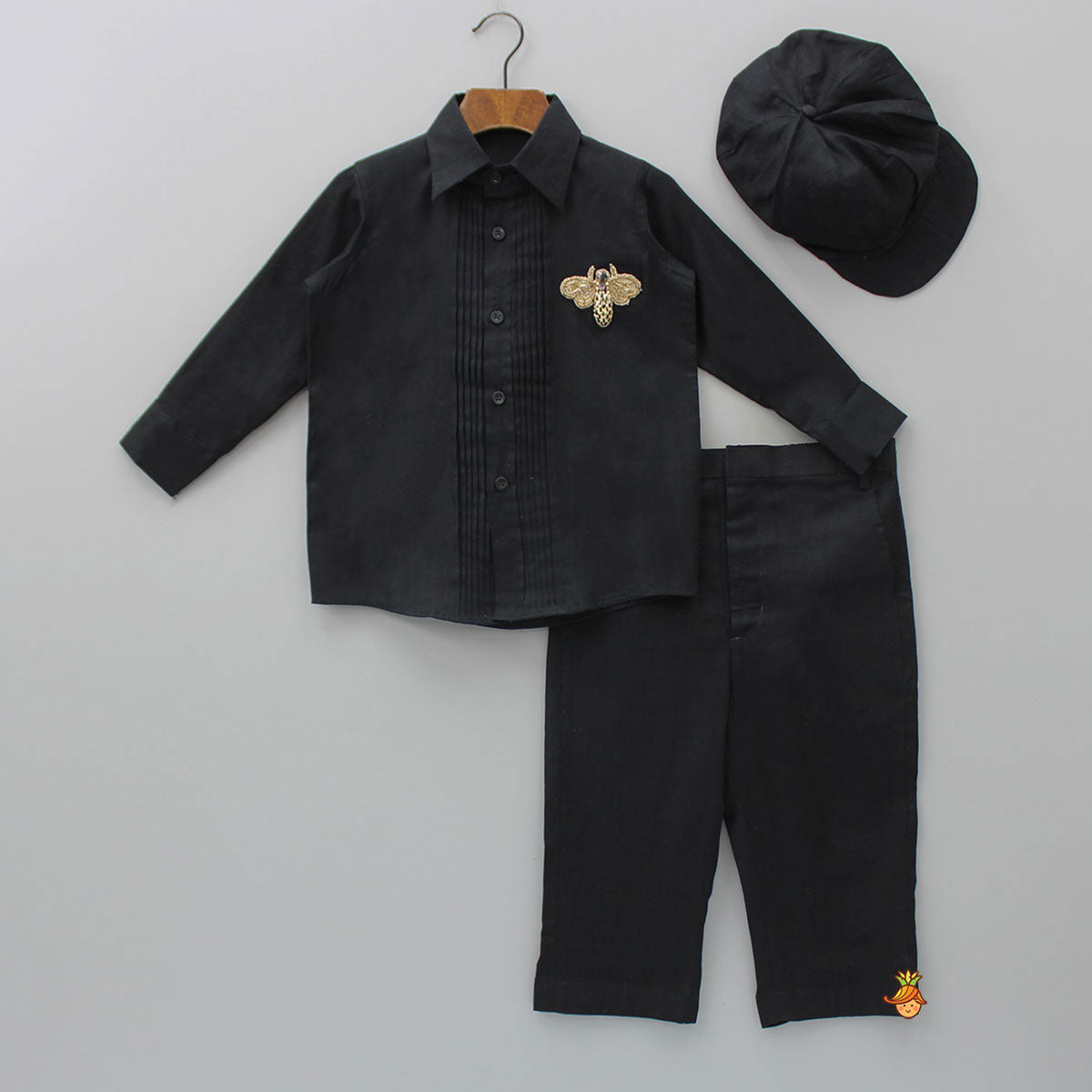 Pre Order: Pin Tuck Black Shirt And Pant With Matching Cap