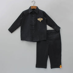 Pre Order: Pin Tuck Black Shirt And Pant With Matching Cap
