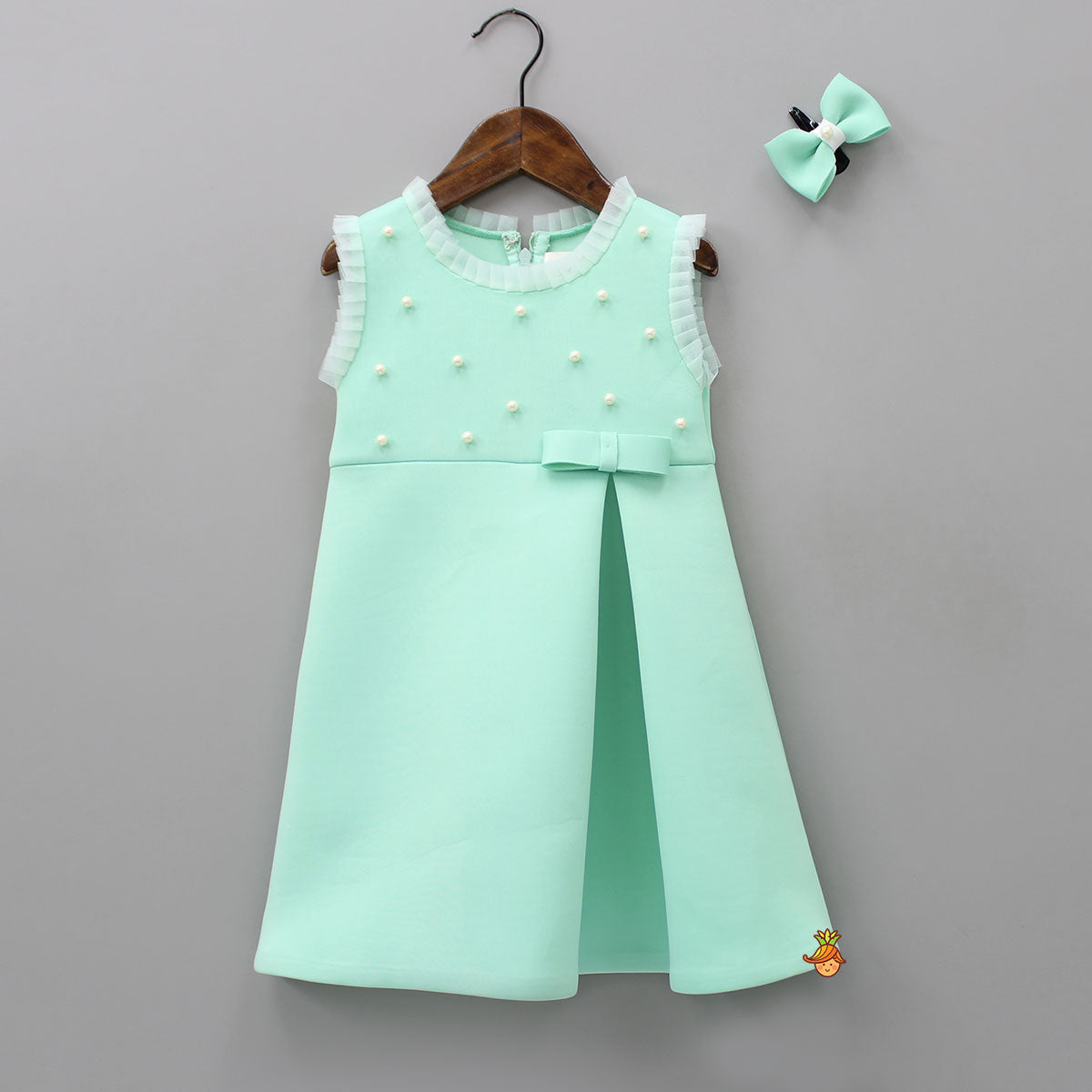 Pre Order: Charming Pearls Embellished Green Scuba Dress With Matching Bowie Hair Clip