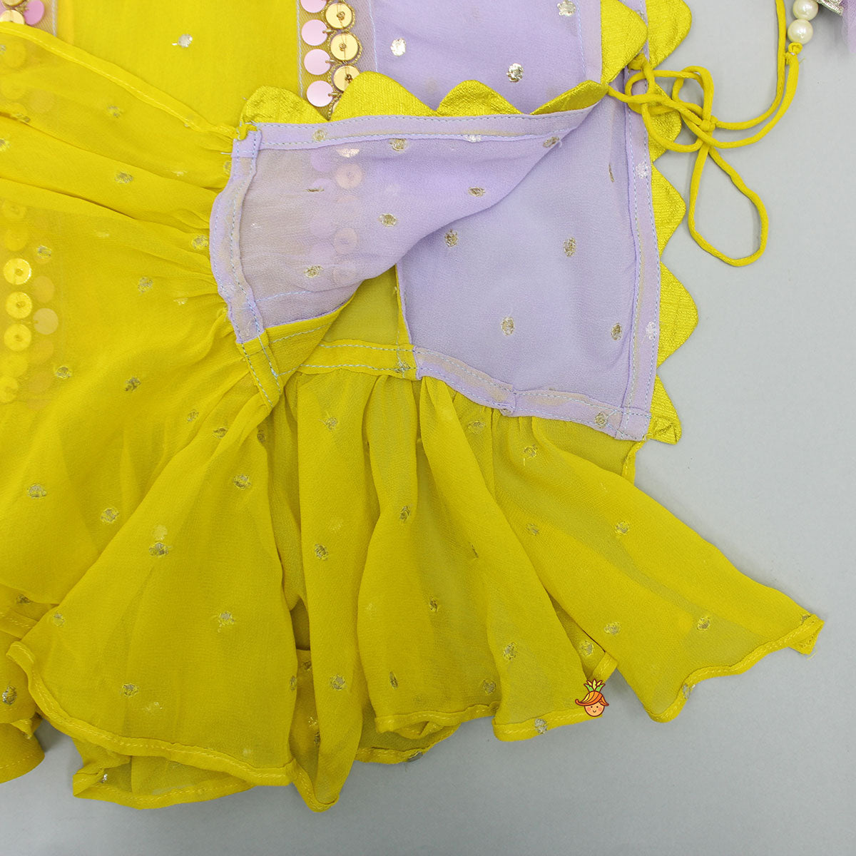 Pre Order: Yellow Top With Knot Detailed Cape And Dotted Sharara