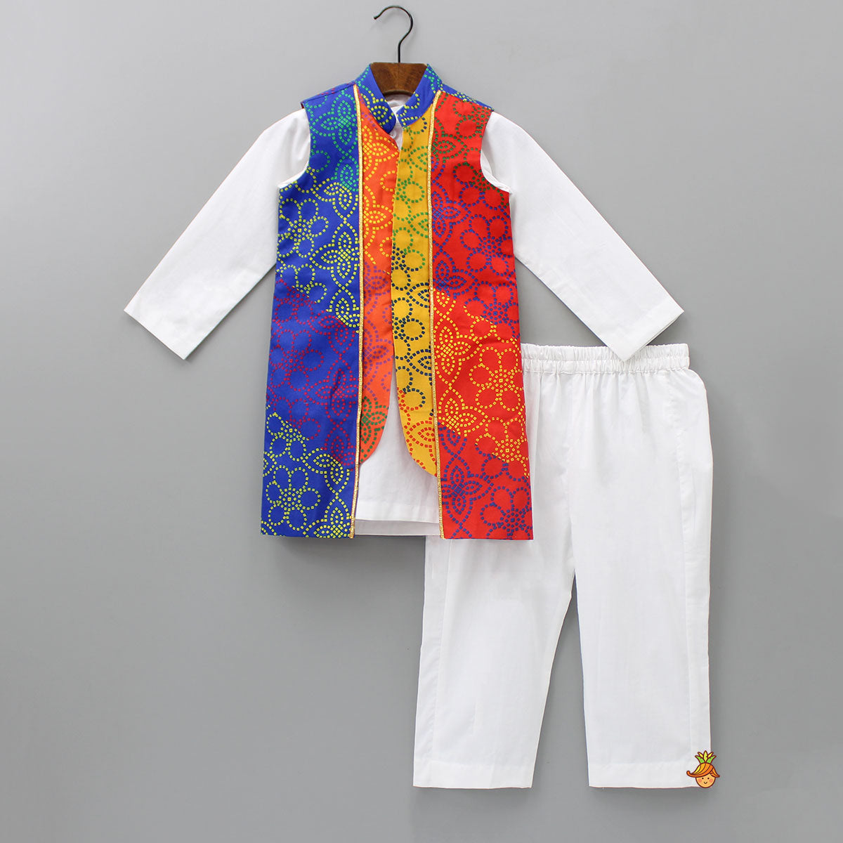 Pre Order: Ethnic Cotton White Kurta With Bandhani Printed Stylish Jacket And Pyjama