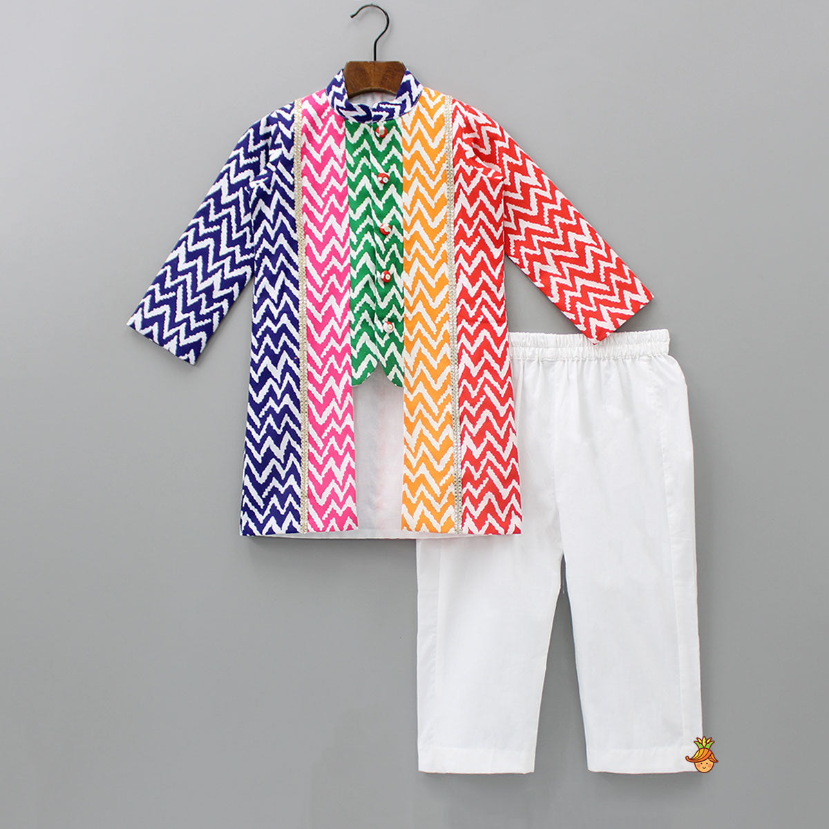 Pre Order: Ethnic Stylish Chevron Printed Jacket Coat With White Pyjama