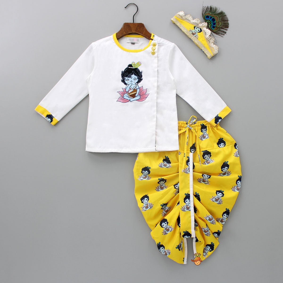 Pre Order: Krishna Embroidered Kurta And Printed Yellow Dhoti With Mukut