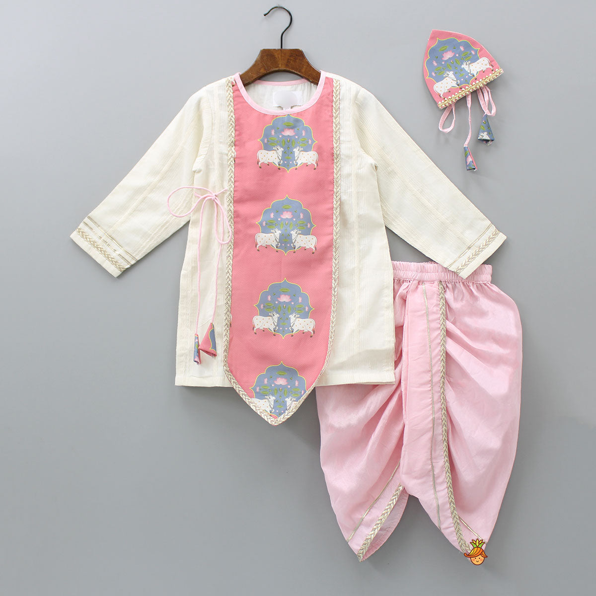 Pre Order: Off White Cow Printed Kurta With Pink Dhoti And Mukut