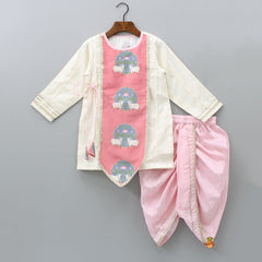 Pre Order: Off White Cow Printed Kurta With Pink Dhoti And Mukut