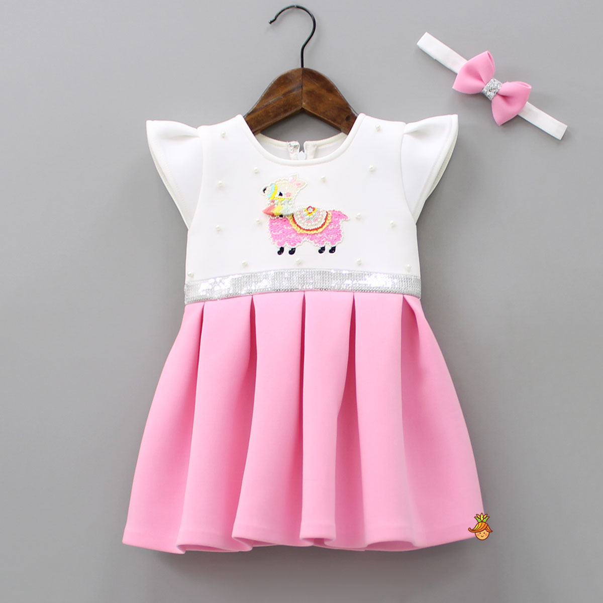 Pre Order: Sequined Llama Embroidered Pink And White Fancy Dress With Head Band