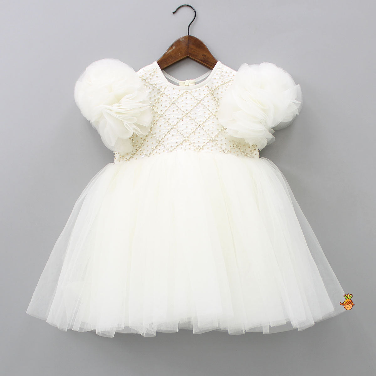 Pre Order: Checks Embroidered Yoke Off White Dress With Back Sequined Bow