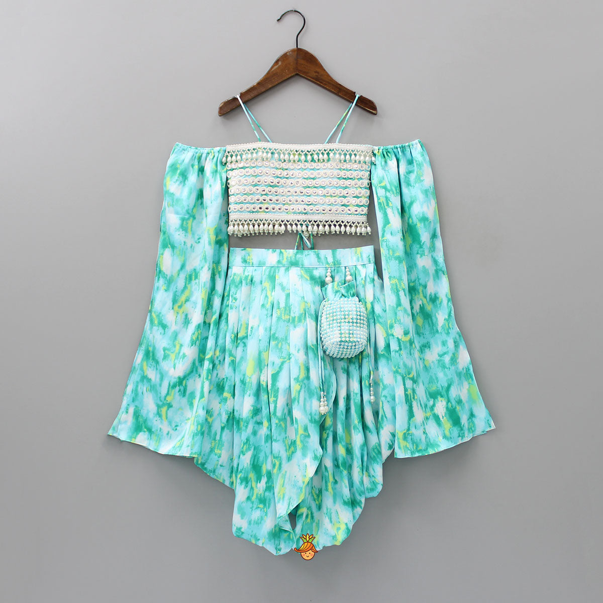 Pre Order: Triple Knot Back Stylish Top And Pleated Skirt With Attached Waist Potli Bag