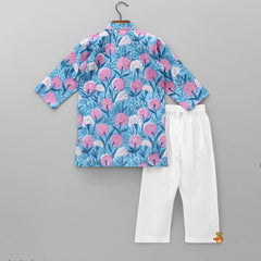 Pre Order: Angrakha Style Floral Printed Kurta With White Pyjama