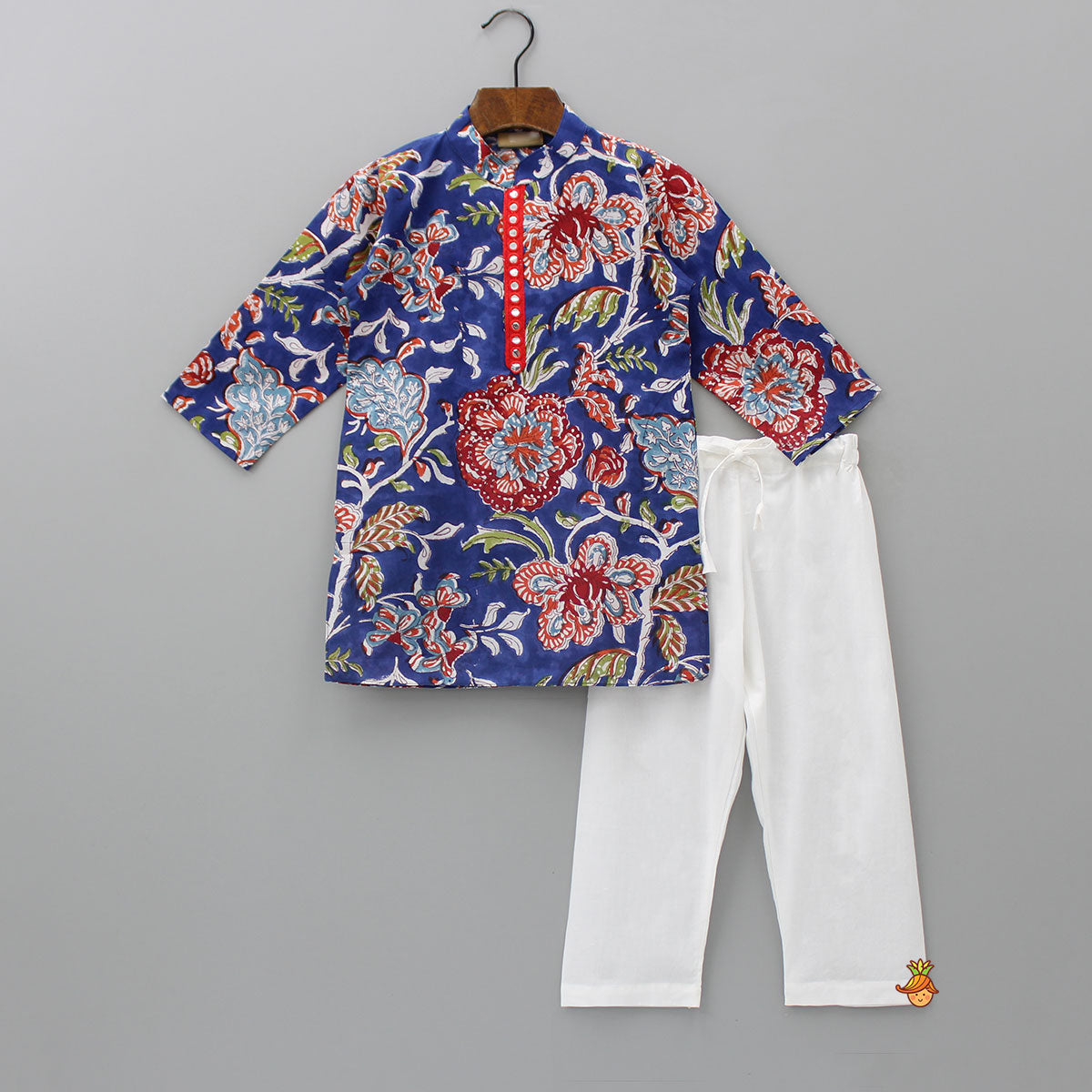 Pre Order: Floral Printed Blue Kurta With White Pyjama