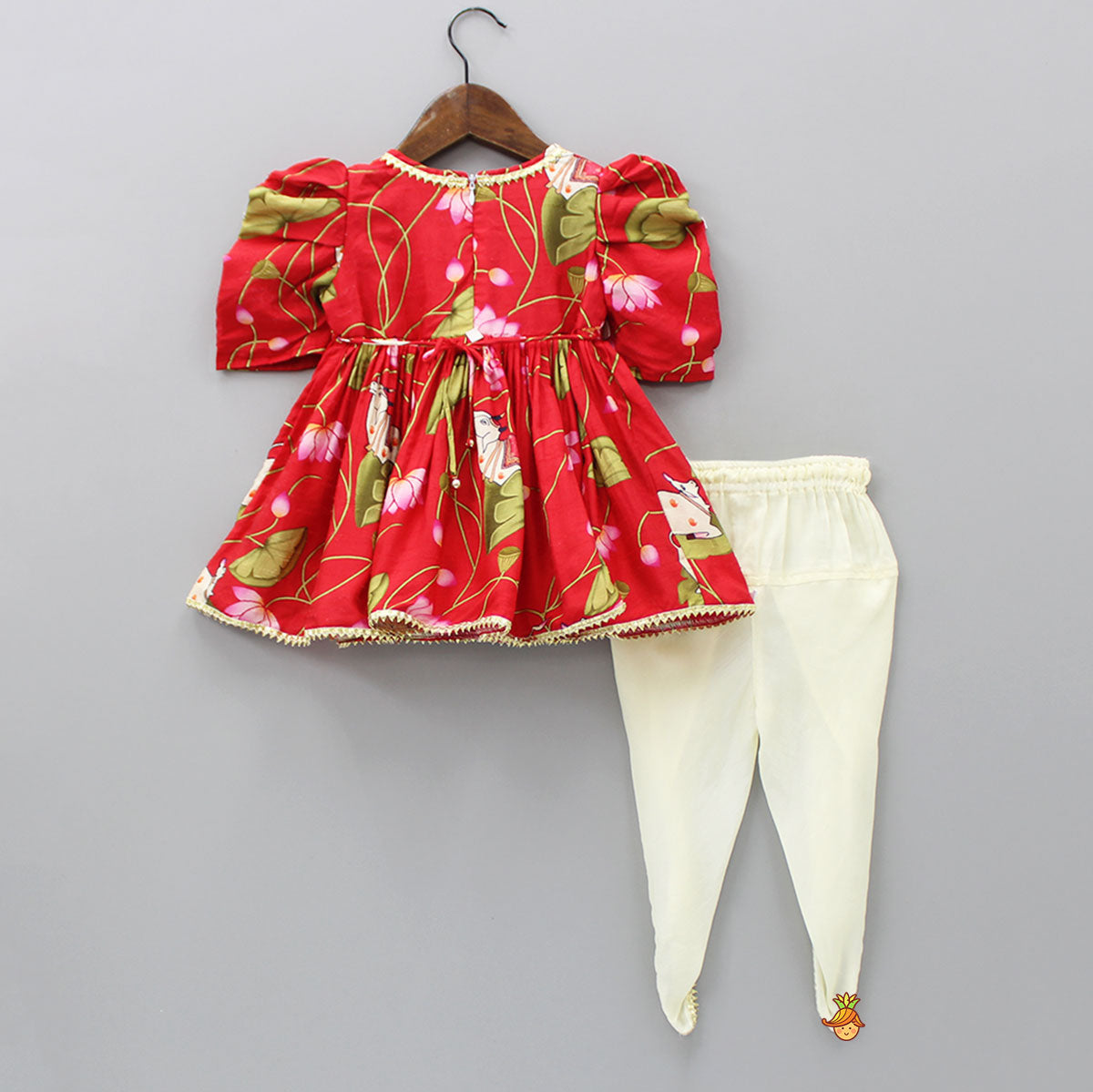 Printed Puffed Sleeves Red Peplum Top With Tulip Pant