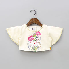 Pre Order: Off White Cow Embroidered Top With Pleated Red Lehenga