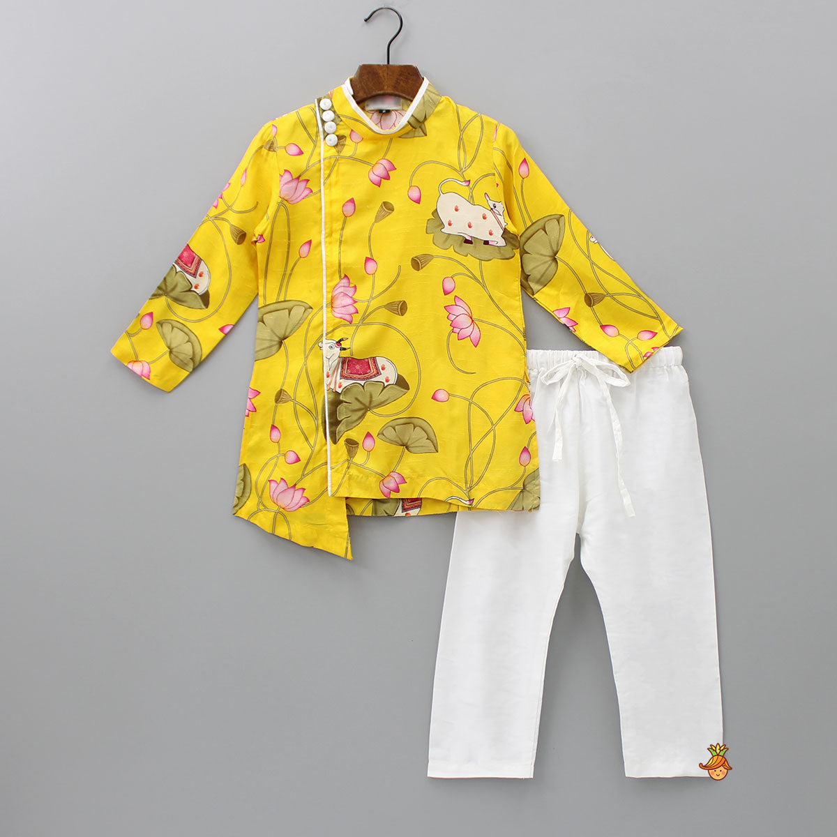 Cow And Lotus Printed Stylish Yellow Kurta With Pyjama
