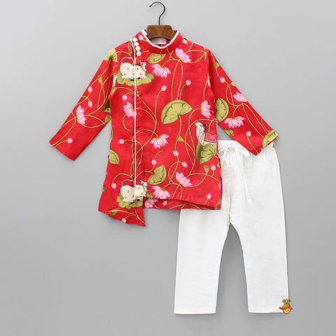 Pre Order: Cow And Lotus Printed Stylish Red Kurta With Pyjama