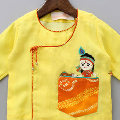 Pre Order: Krishna Hand Embroidered Patch Pocket Yellow Kurta And Bandhani Printed Dhoti