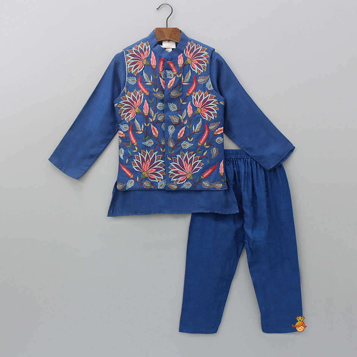 Silk Kurta With Lotus Embroidered Jacket And Pyjama
