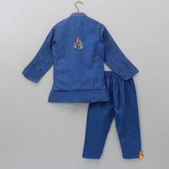 Pre Order: Silk Kurta With Lotus Embroidered Jacket And Pyjama