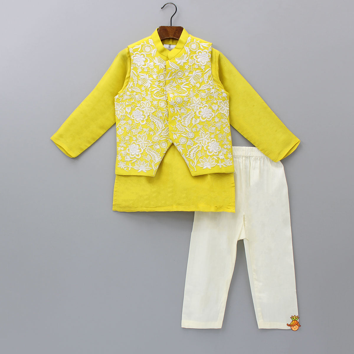 Pre Order: Thread Embroidered Yellow Kurta With Stylish Cut Out Jacket And Pyjama
