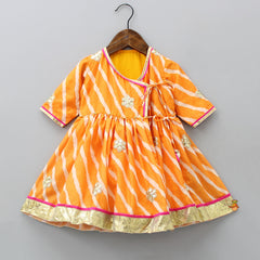 Pre Order: Leheriya Printed Orange Angrakha Kurti With Matching Bowie Hair Clip