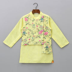 Pre Order: Ethnic Floral Embroidered Yellow Jacket Style Kurta With Pyjama