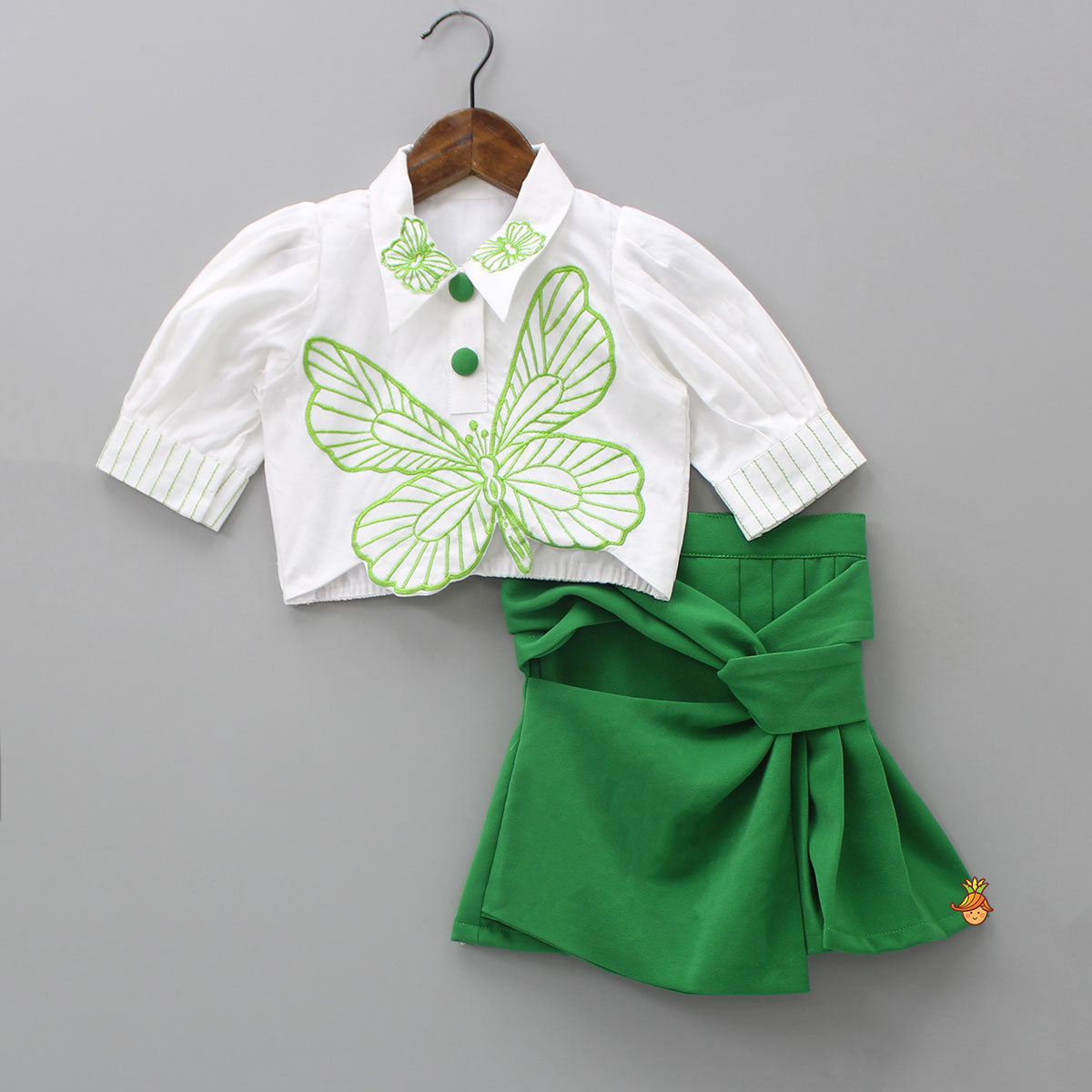 Pre Order: White Butterfly Embroidered Top With Stylish Green Skirt
